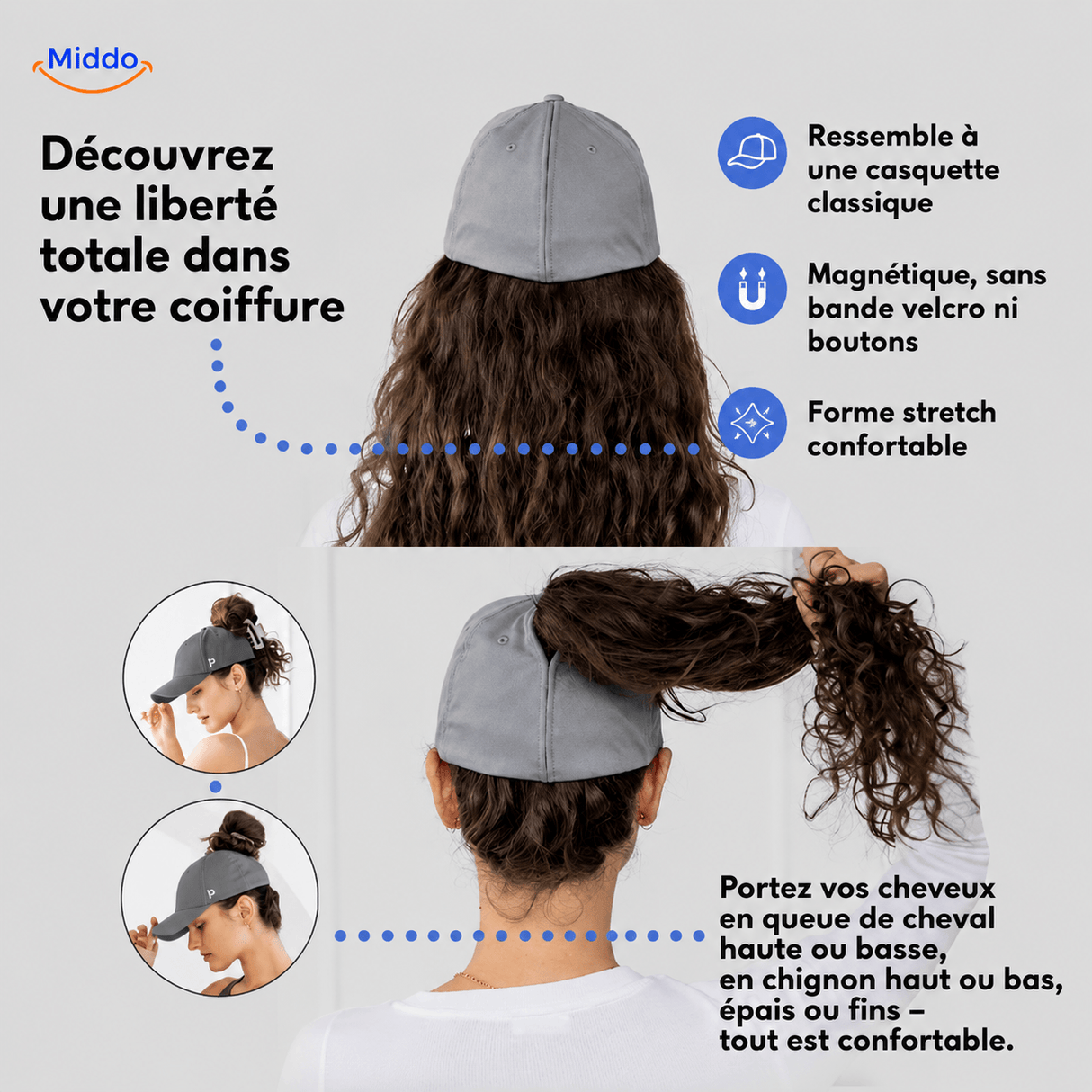 Casquette Ponylite magnétique à séchage rapide, idéale pour queue de cheval