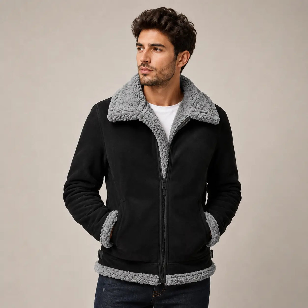 Homme portant la veste Furvexo grise doublée avec manches retroussées
