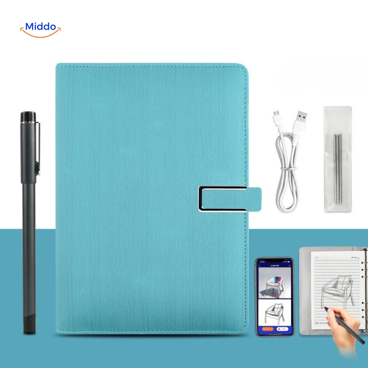 NoteSync Smart Pen blauw leer notitieboek usb pen www.middo.nl