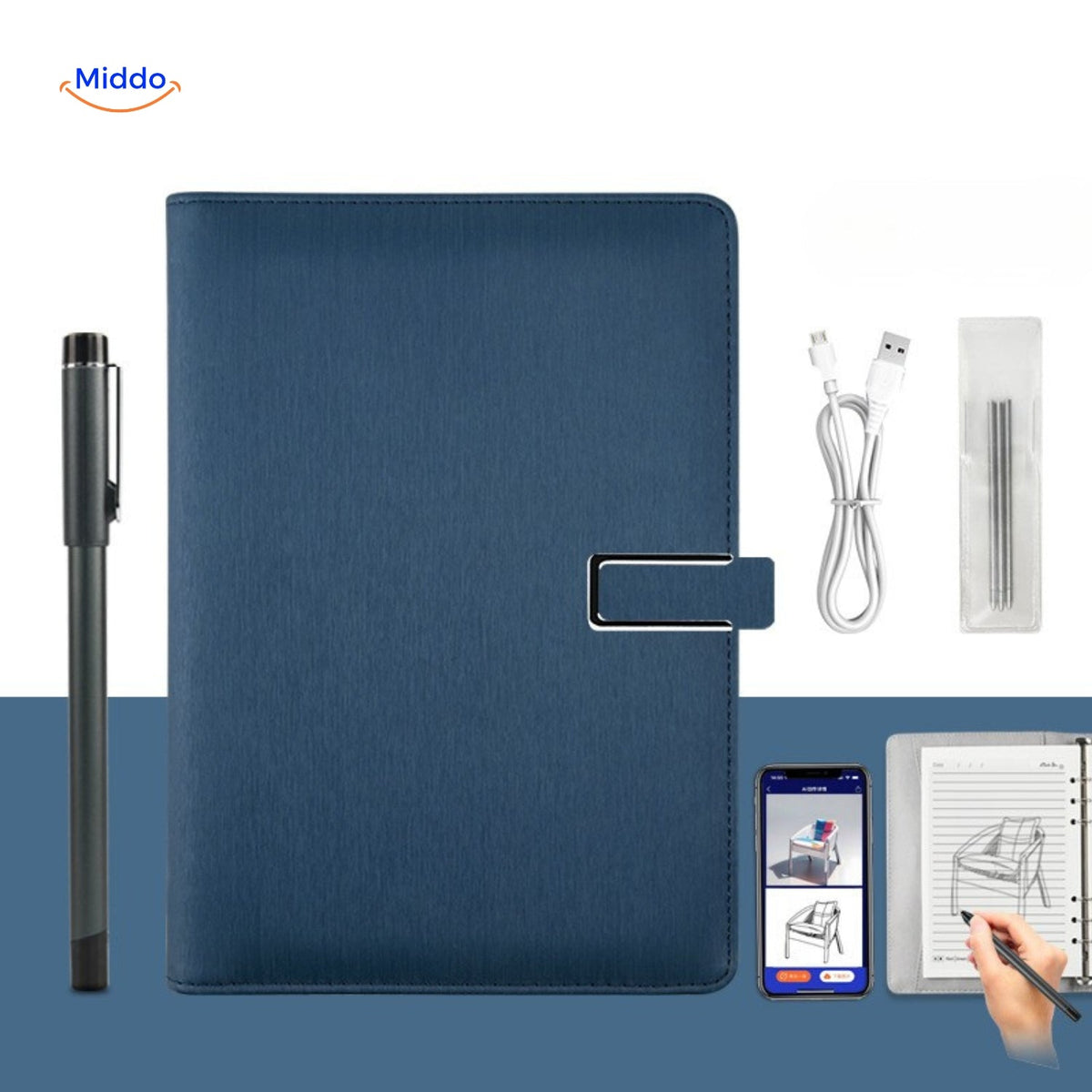 NoteSync Smart Pen donkerblauw leer notitieboek usb pen www.middo.nl