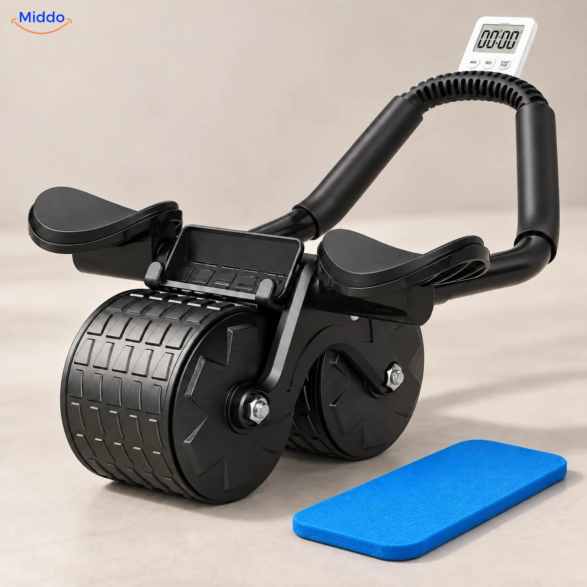 AbWheel Pro™ – Noir avec Minuteur – tapis pour genoux 34 × 15 cm