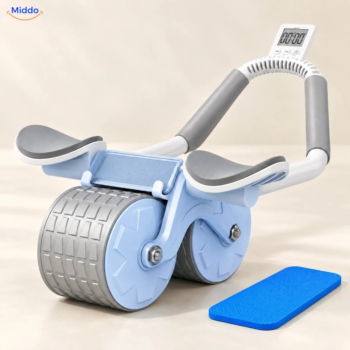 AbWheel Pro™ – Bleu Grisé avec Minuteur – tapis pour genoux 34 × 15 cm