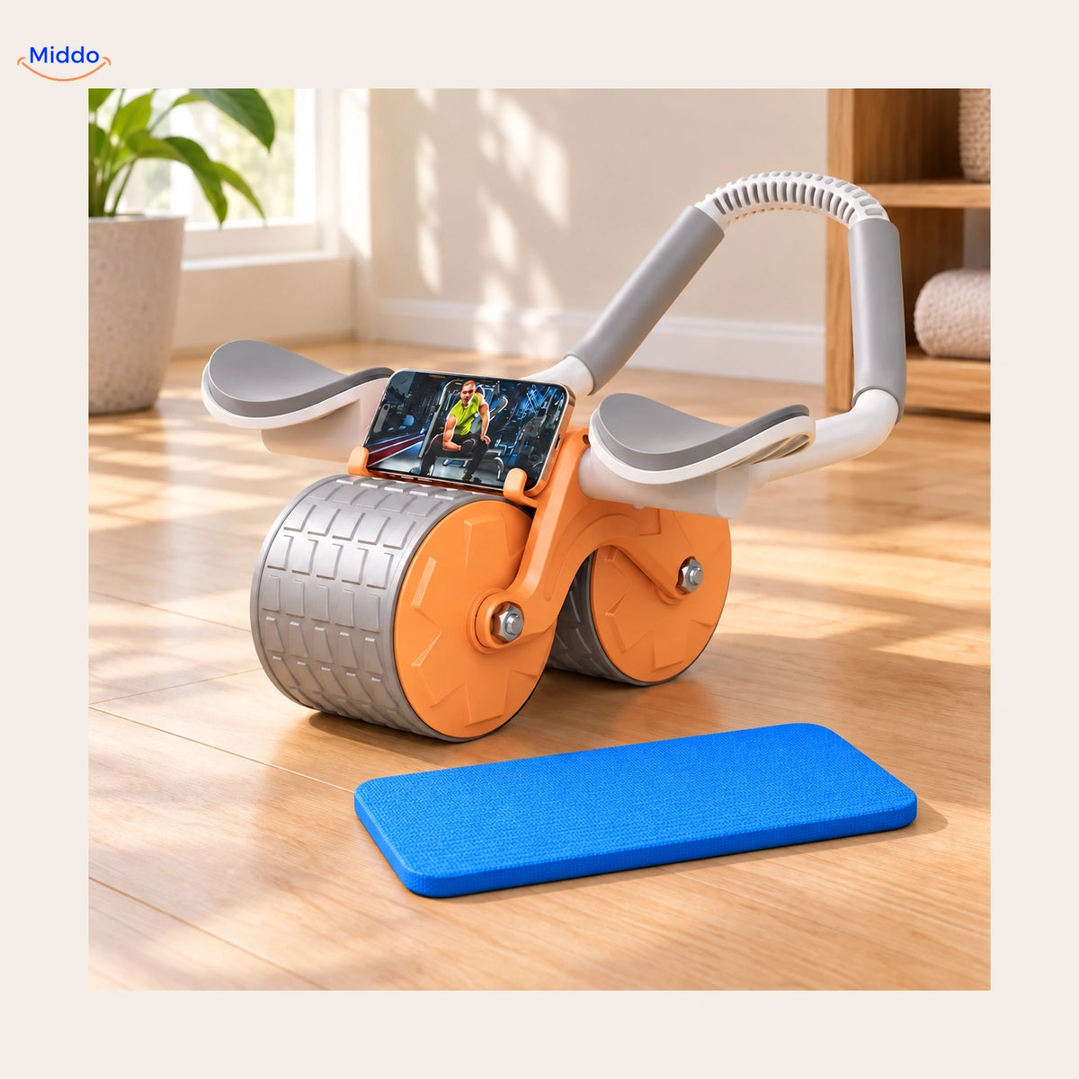 AbWheel Pro orange avec tapis bleu offert ; téléphone non inclus – tapis pour genoux 34 × 15 cm