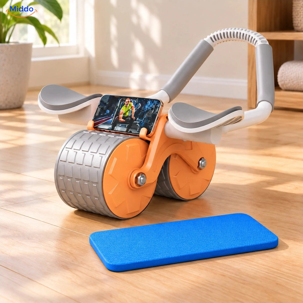 AbWheel Pro orange avec tapis bleu offert ; téléphone non inclus – tapis pour genoux 34 × 15 cm