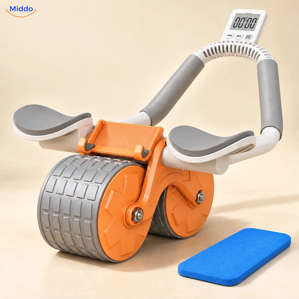 AbWheel Pro™ – Orange avec Minuteur – tapis pour genoux 34 × 15 cm