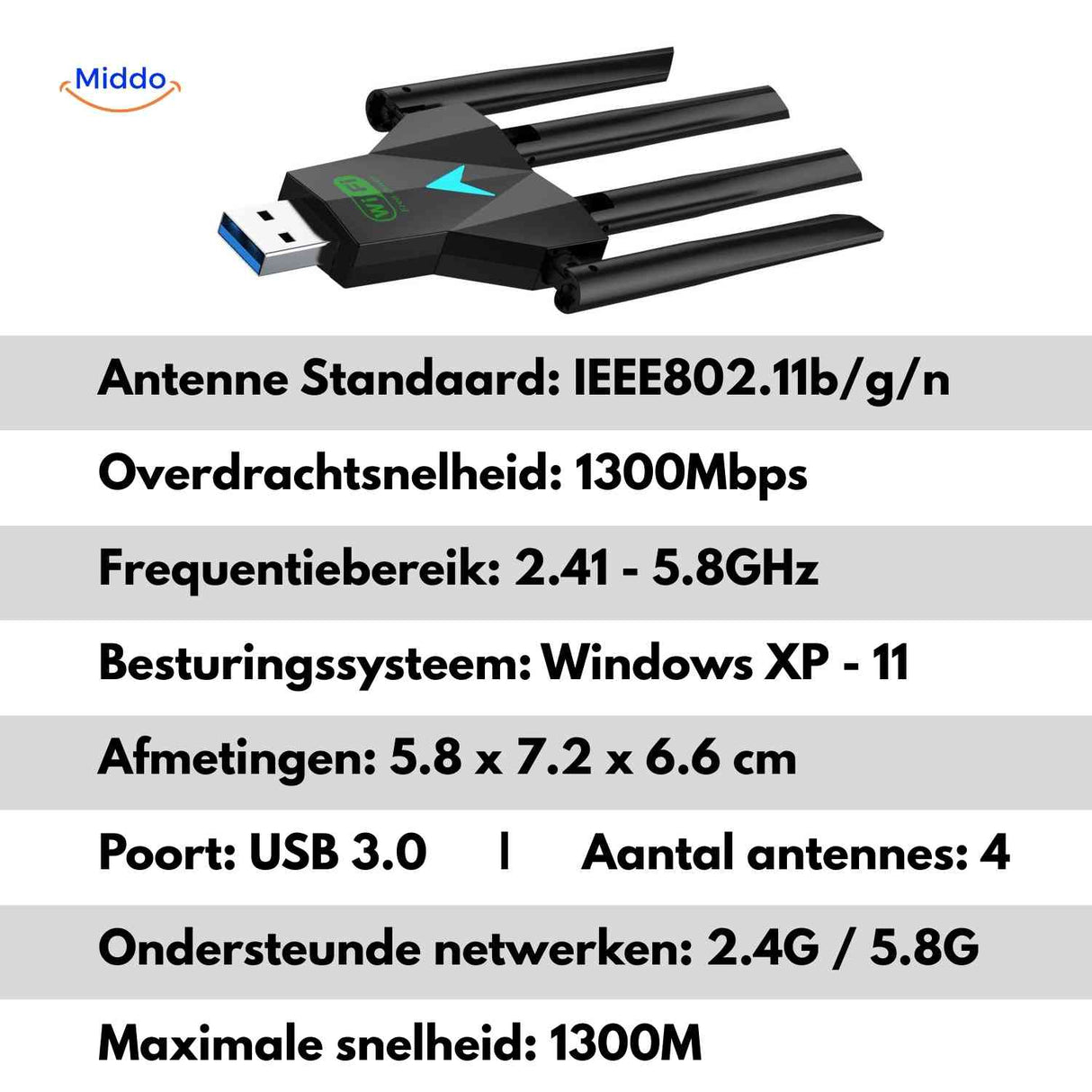 adaptateur wifi compact avec dimensions indiquées, design discret et léger