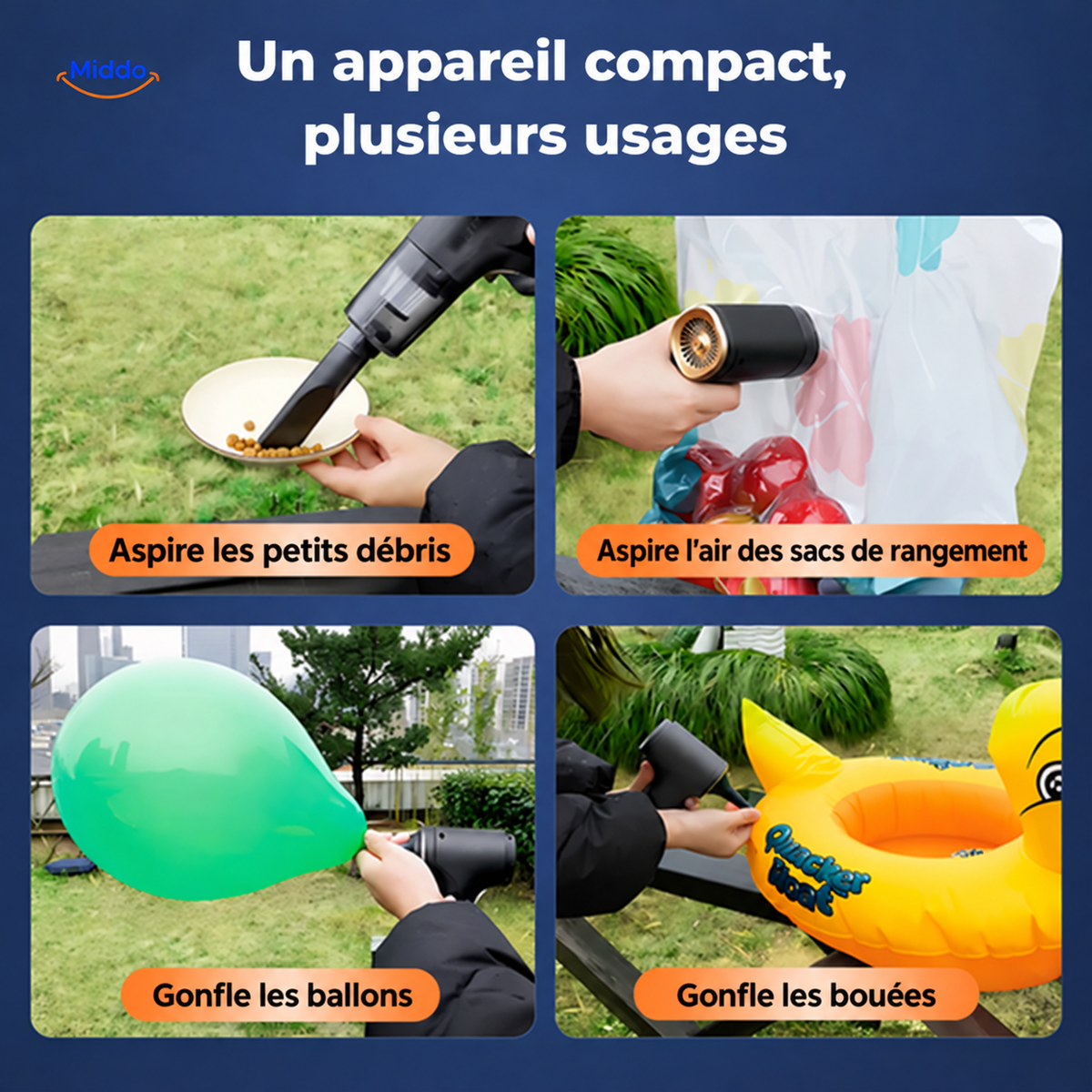 TurboVacuum 2.0 Pro : aspiration des petits débris et de l’air des sacs de rangement, gonflage de petits accessoires compatibles.