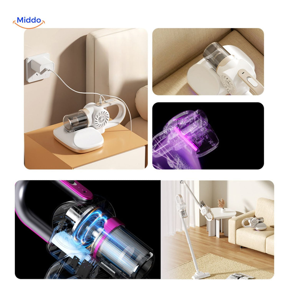 aspirateur sans fil en cours de charge avec indicateur lumineux UV