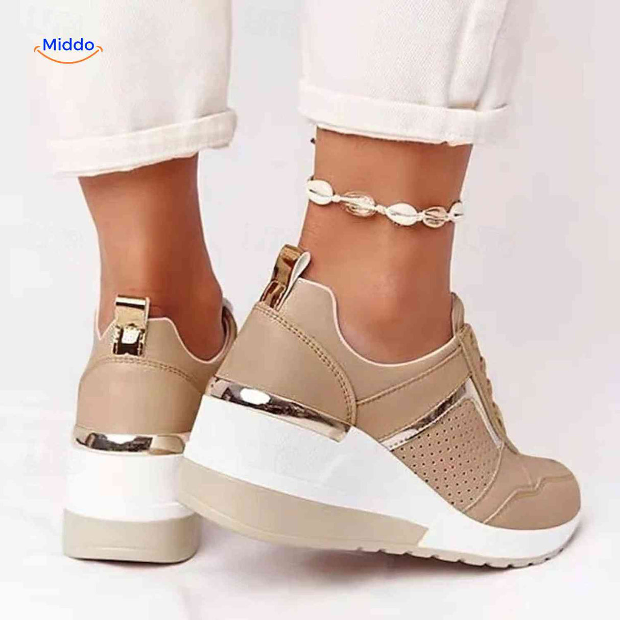 Baskets femme Stridez à semelle rehaussée en mesh, beige, vue 8