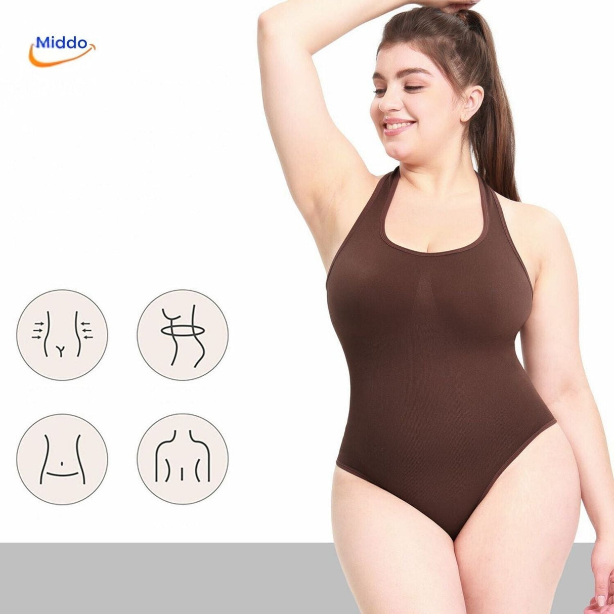 body sculptant marron à bretelles fines, gainant et confortable pour toutes les morphologies