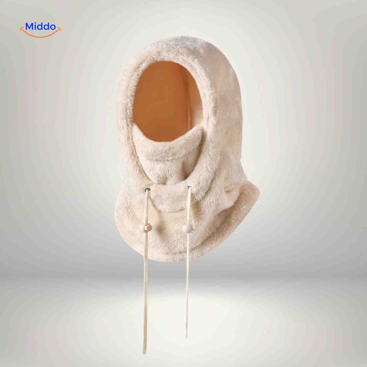 bonnet hiver beige avec longs cordons de serrage, capuche fleece et tour de cou