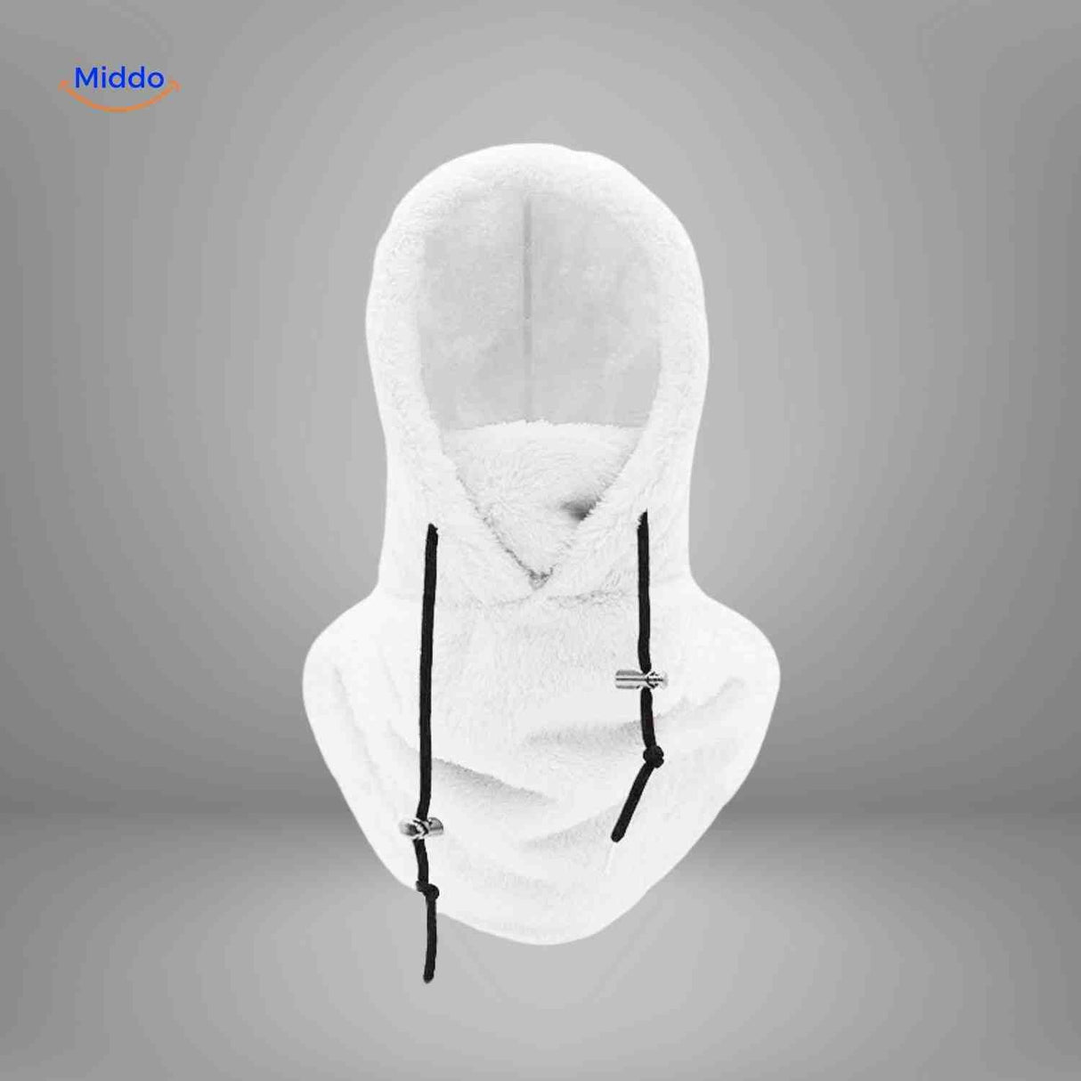 bonnet hiver coloris blanc avec capuche fleece et écharpe intégrée pour le froid
