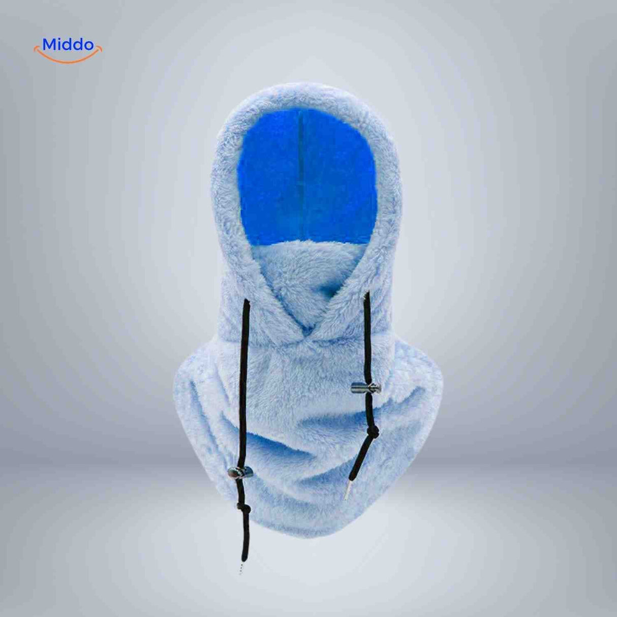 bonnet hiver coloris bleu clair avec capuche et écharpe en fleece chaud