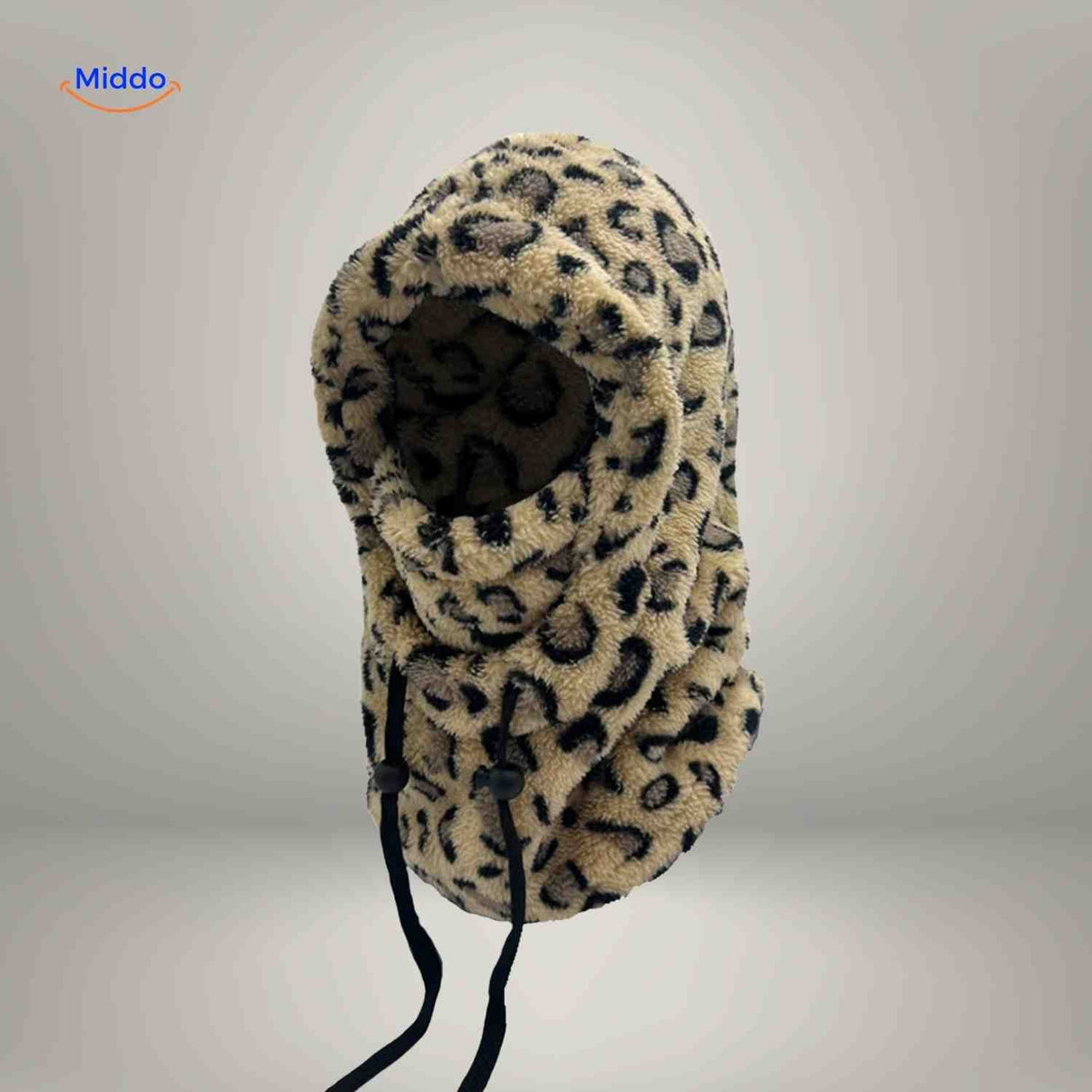 bonnet hiver avec imprimé panthère, longs cordons et capuche fleece chaude