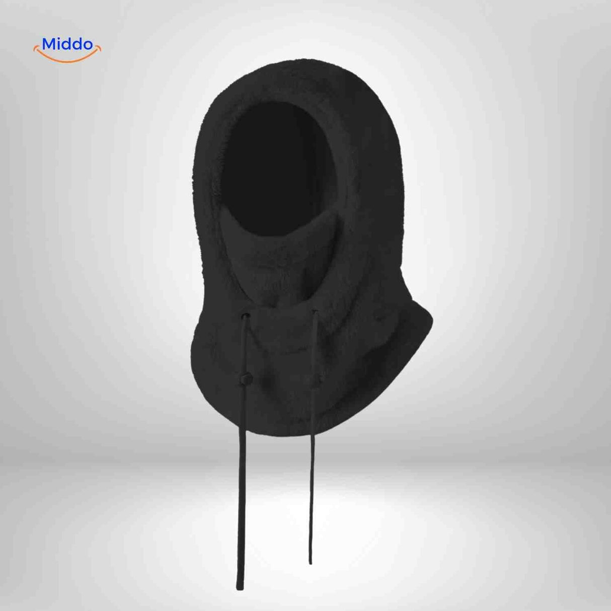 bonnet hiver noir avec longs cordons de serrage, capuche fleece et écharpe de protection