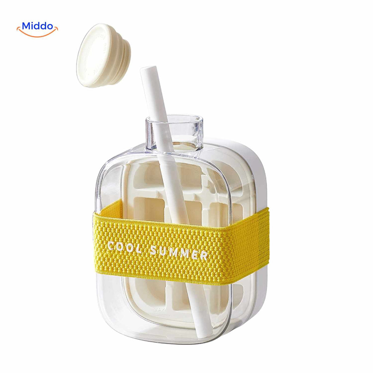 bouteille à glaçons blanche avec paille et bandoulière, édition cool summer