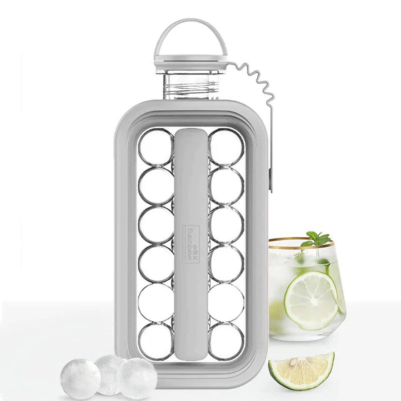 bouteille frostyballs transparente entourée de glaçons ronds pour boissons ultra-fraiches