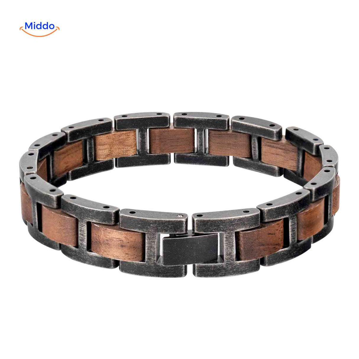 double gros plan sur le bracelet en bois, texture naturelle et mailles métalliques visibles