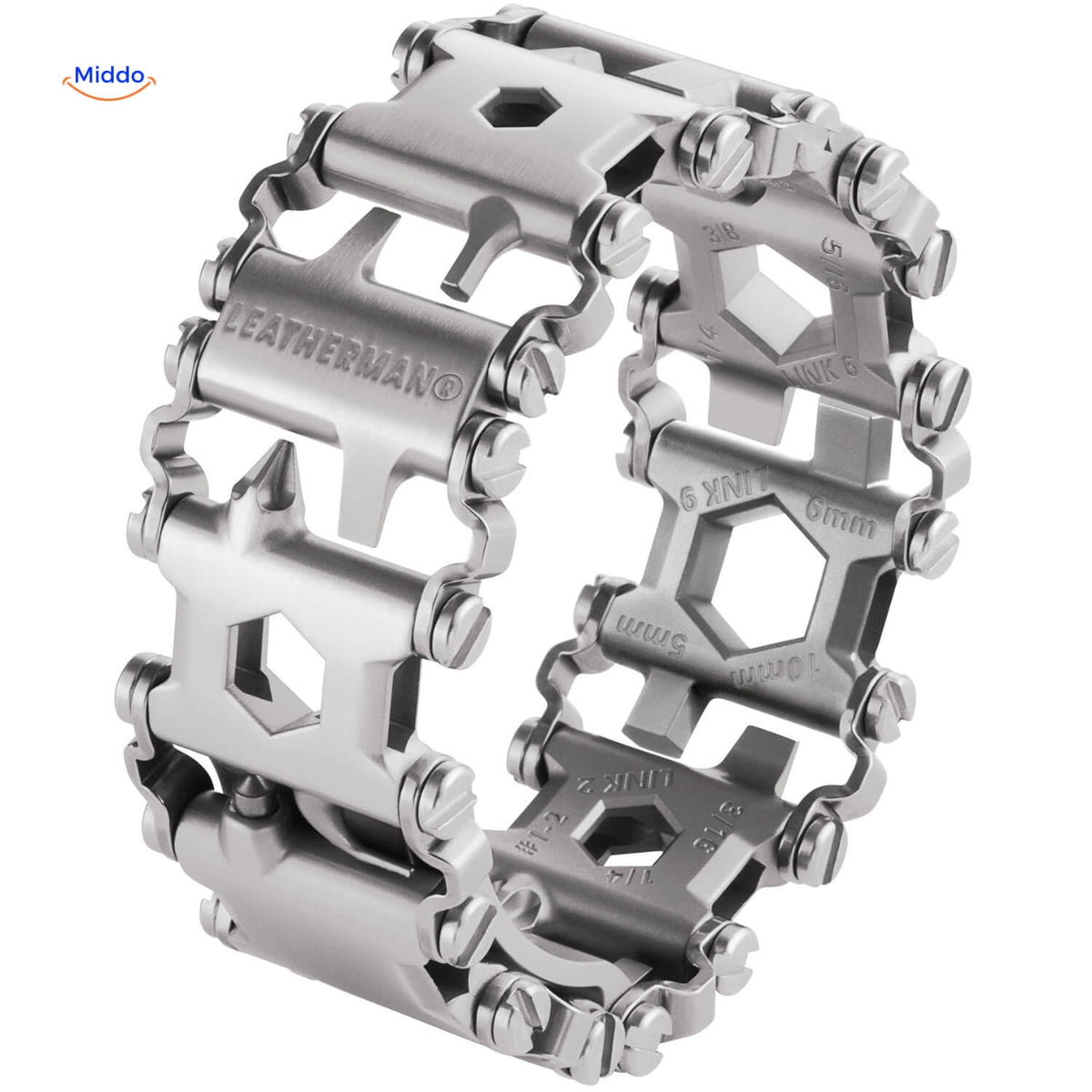 bracelet multi-outils en acier inoxydable coloris argent avec logo gravé au poignet