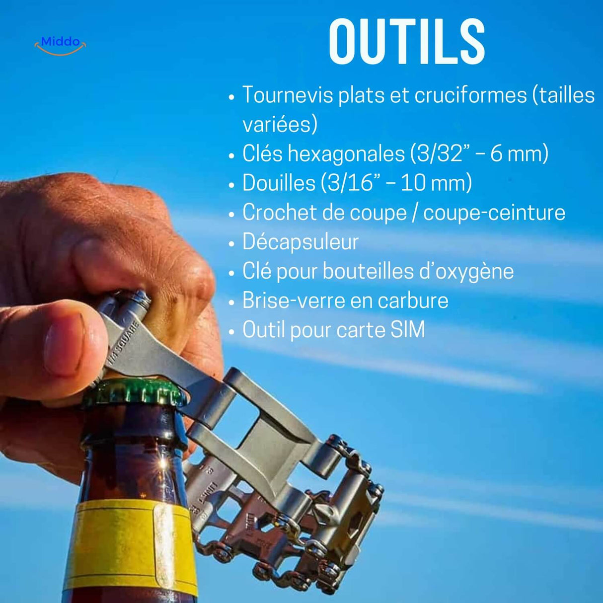 aperçu des outils intégrés du bracelet multi-tool survivepro en acier inoxydable