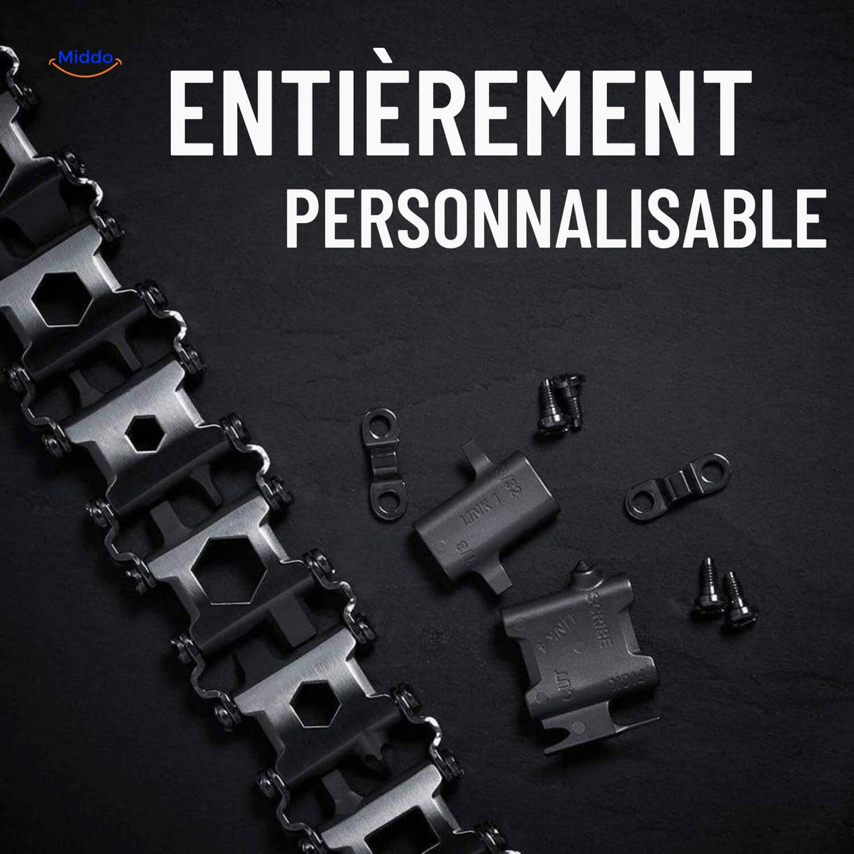 bracelet multi-tool survivepro personnalisable porté au poignet, en acier inoxydable