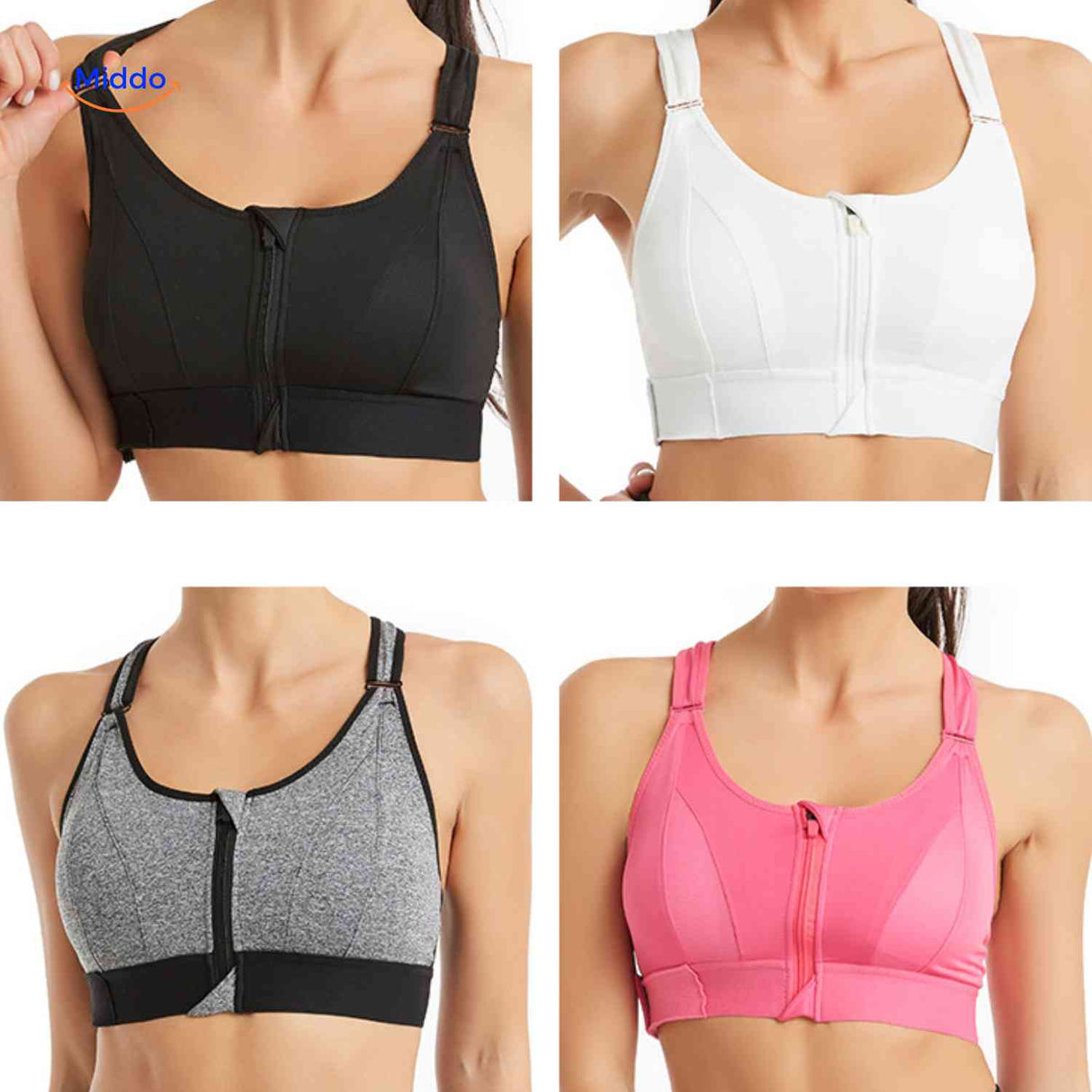 brassière de sport disponible en 4 coloris : noir, blanc, gris et rose, avec zip avant