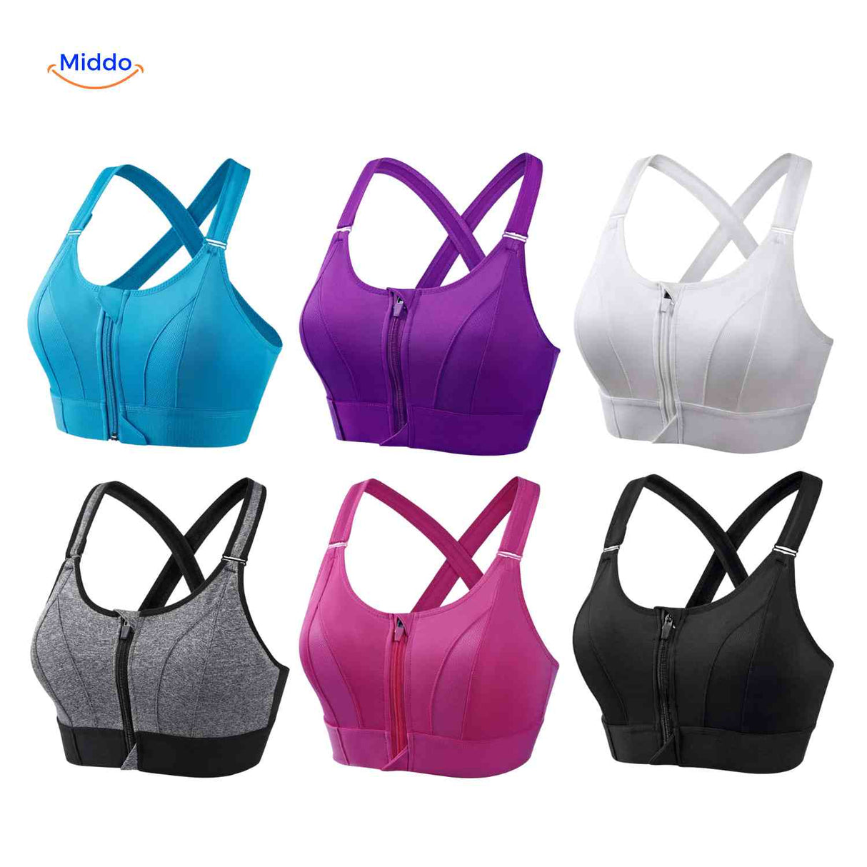 brassière de sport en 6 coloris avec fermeture éclair avant et dos crossback, aperçu complet