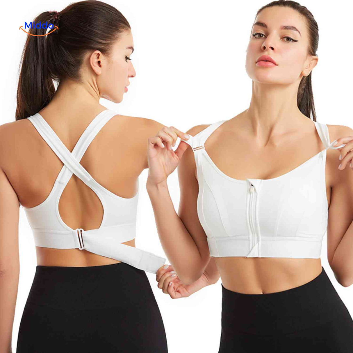 brassière de sport crossback blanche avec zip avant, maintien renforcé pour femme