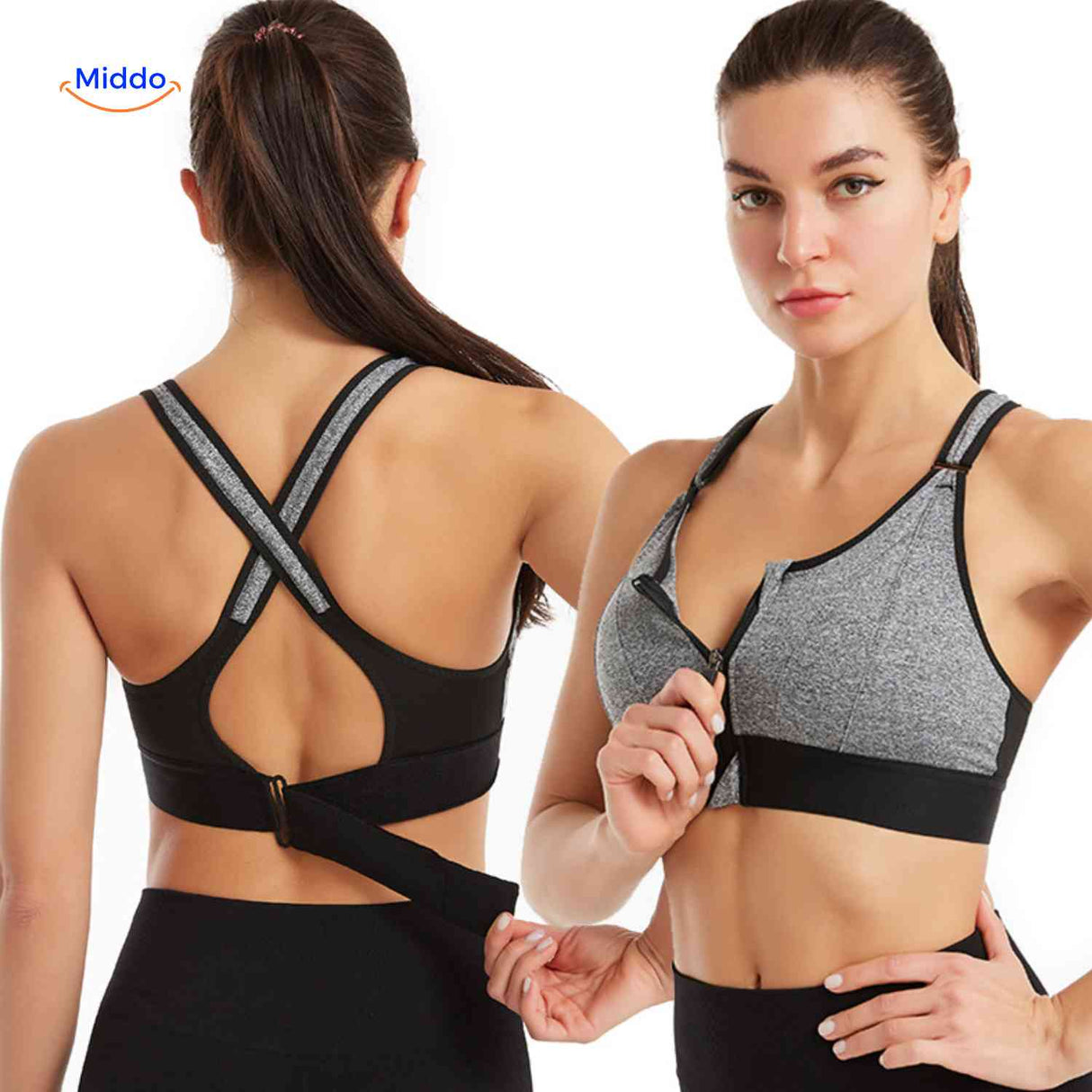 brassière de sport grise avec liserés noirs, maintien élevé pour activités à fort impact