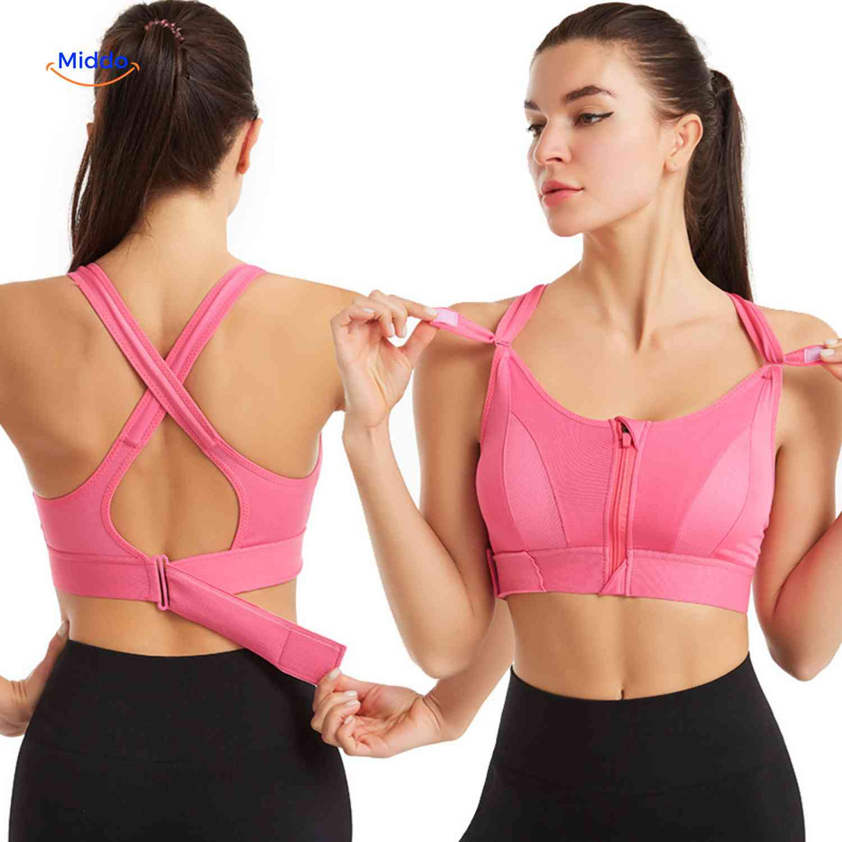 brassière de sport rose crossback avec zip avant, confortable et stylée pour femme