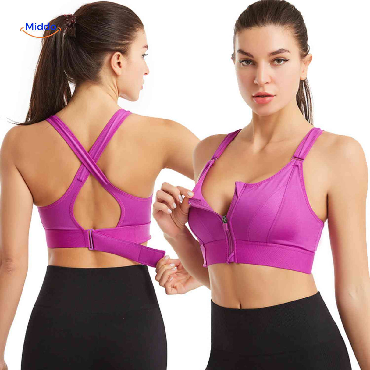 brassière de sport violette avec fermeture éclair avant, coupe crossback pour femme