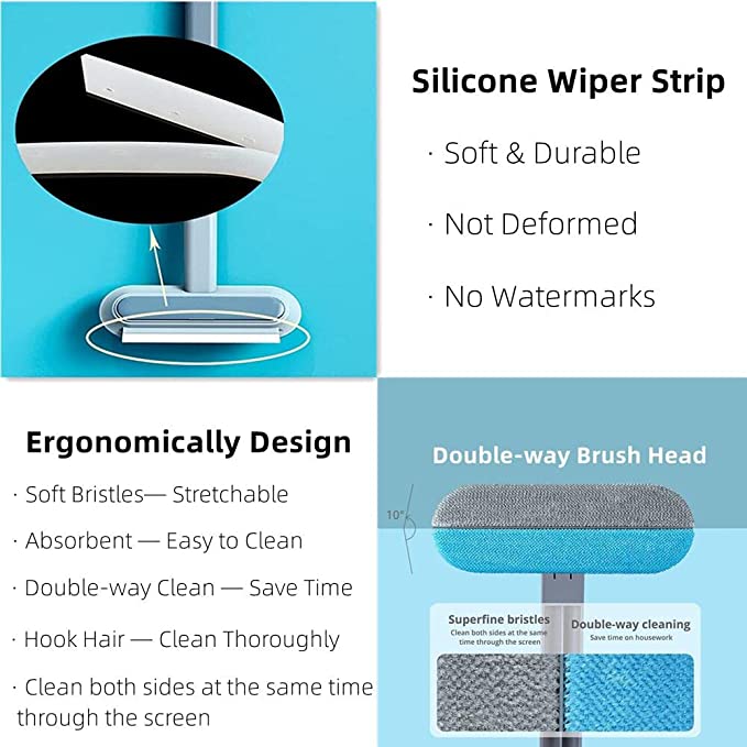 design ergonomique de la brosse avec raclette en silicone et double tête de nettoyage
