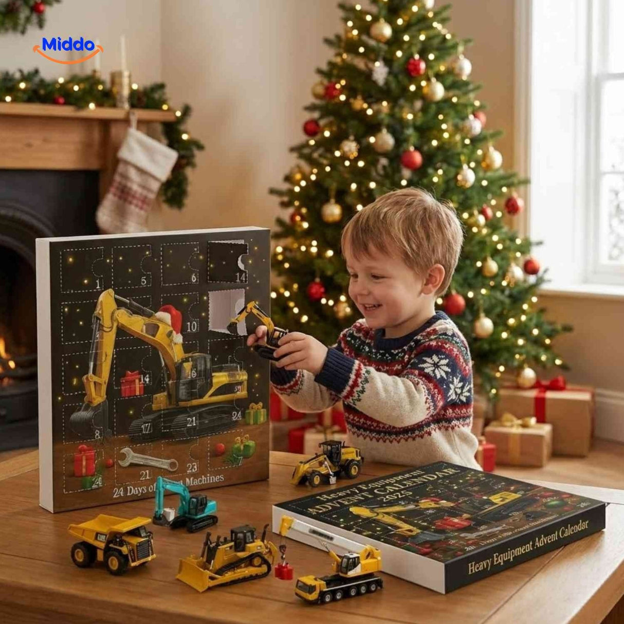 enfants qui ouvrent les surprises jouets véhicules de construction du calendrier