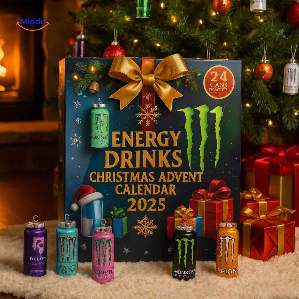 calendrier de l'avent energy drinks présenté avec des décorations de Noël