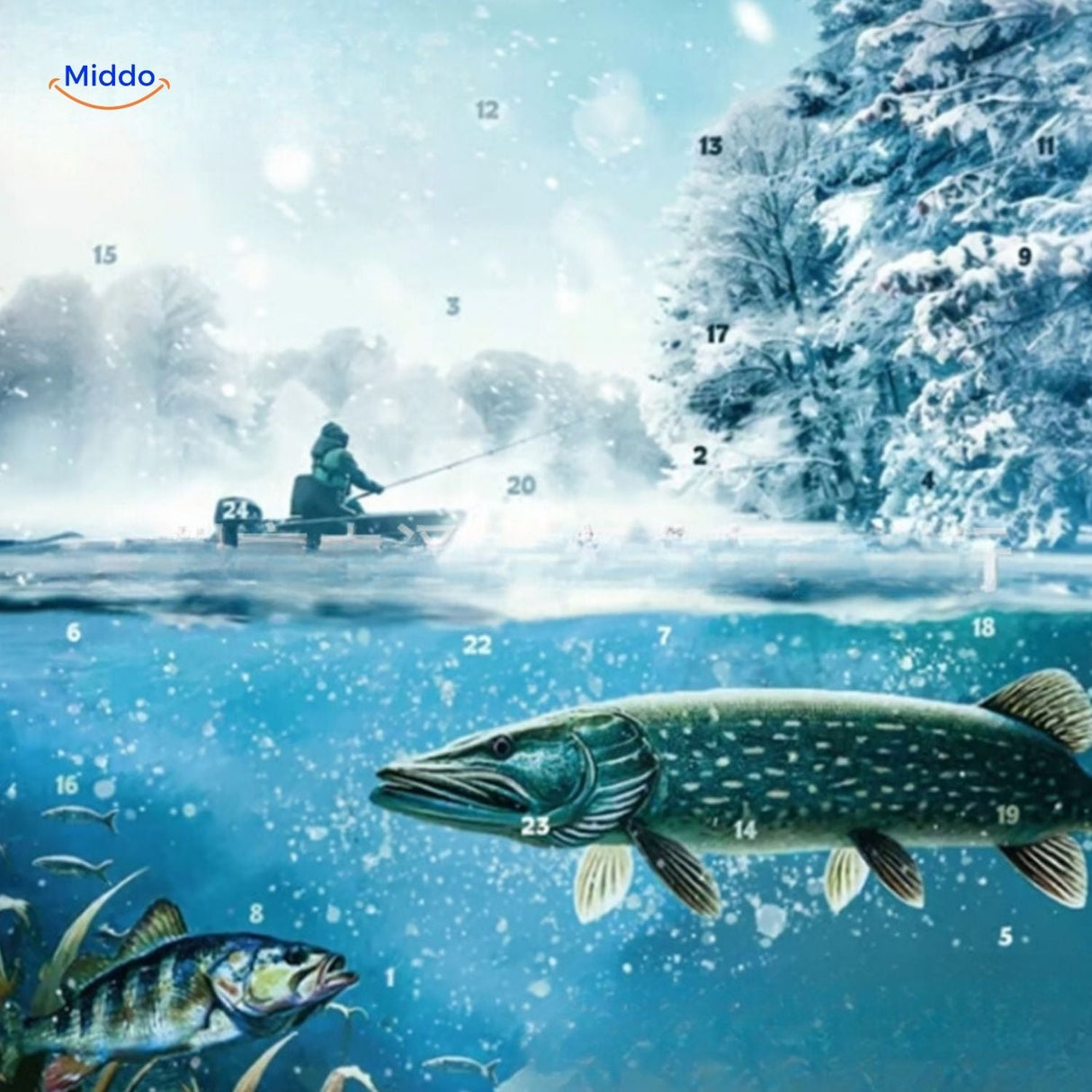 calendrier de l'avent pêche décor hivernal avec poissons sous-marins, cadeau pêcheur noël
