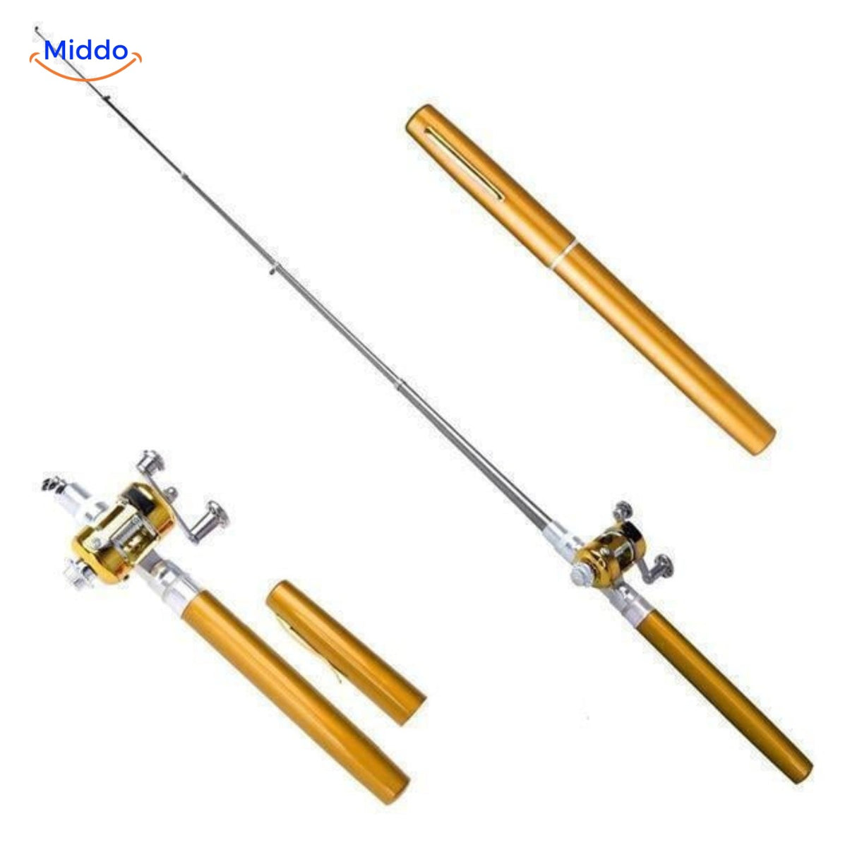 set de pêche compact couleur or avec moulinet, idéal pour le kayak et la pêche en déplacement