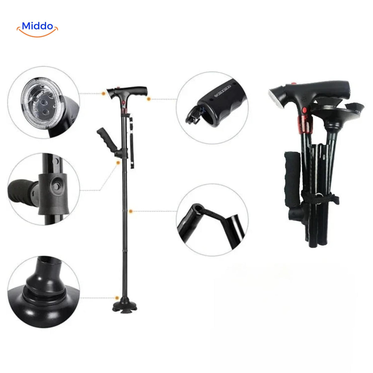 canne pliable avec éclairage LED et détail des réglages de hauteur disponibles