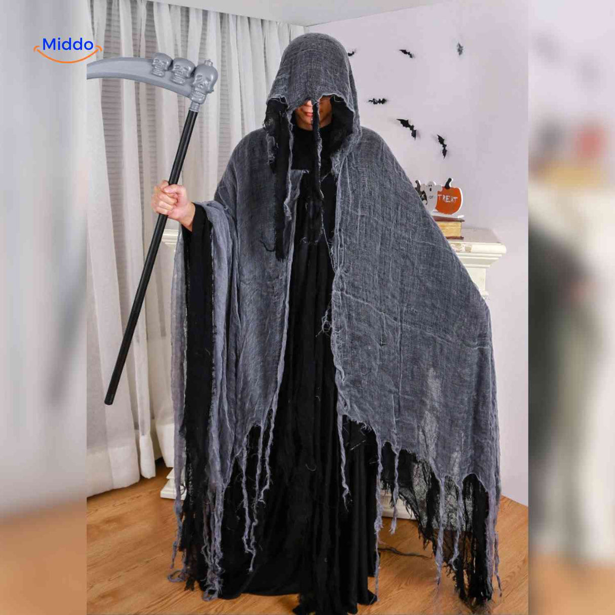 cape d'halloween gris fonce avec faux, style linceul sinistre pour costume de fete