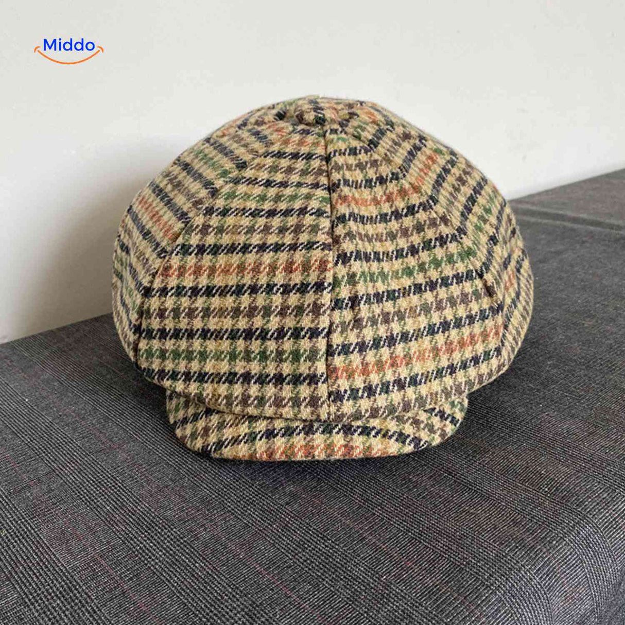 casquette plate beige à carreaux multicolores en laine mélangée