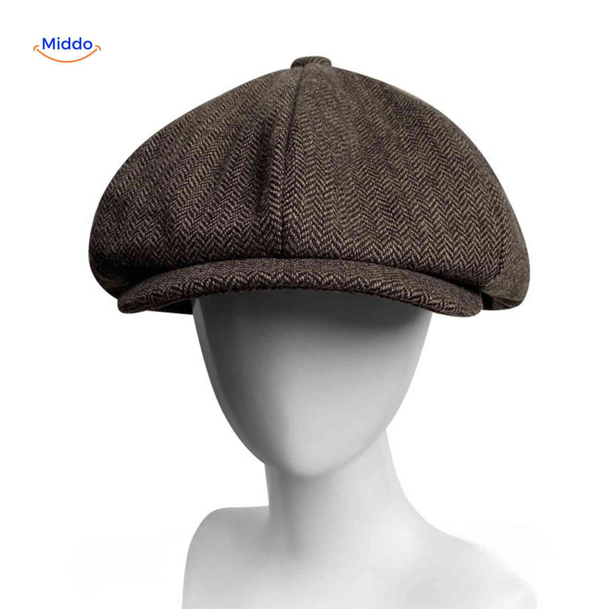 casquette plate marron motif chevron et carreaux, style bakerboy rétro