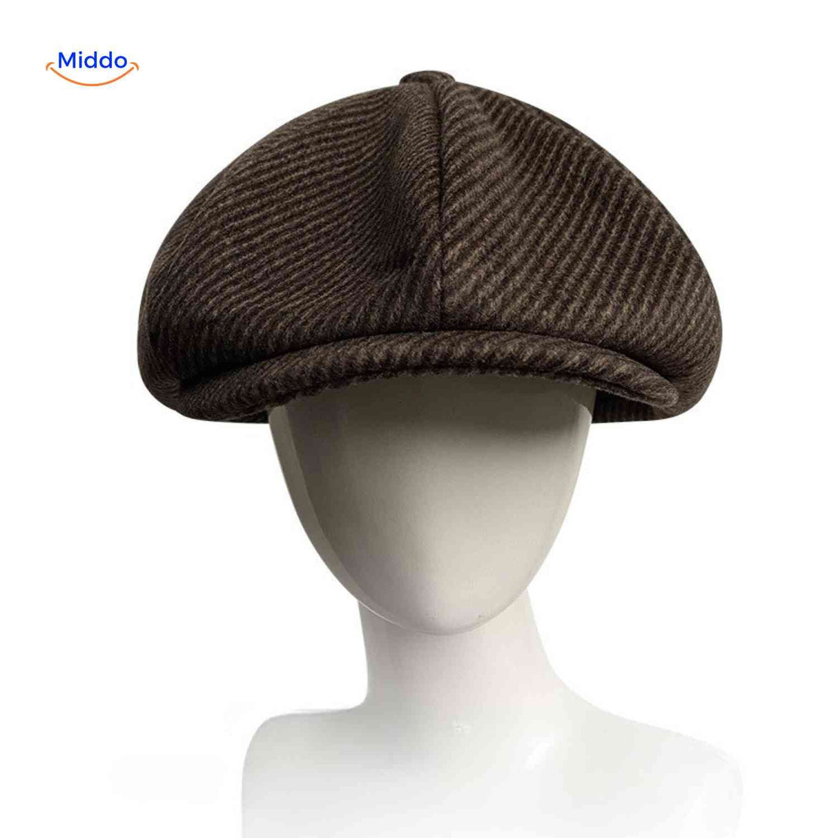 casquette plate marron rayée en laine, style cabby newsboy classique