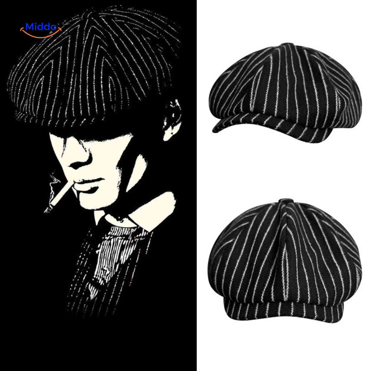 casquette plate à rayures noir et blanc, coupe rétro style peaky blinders