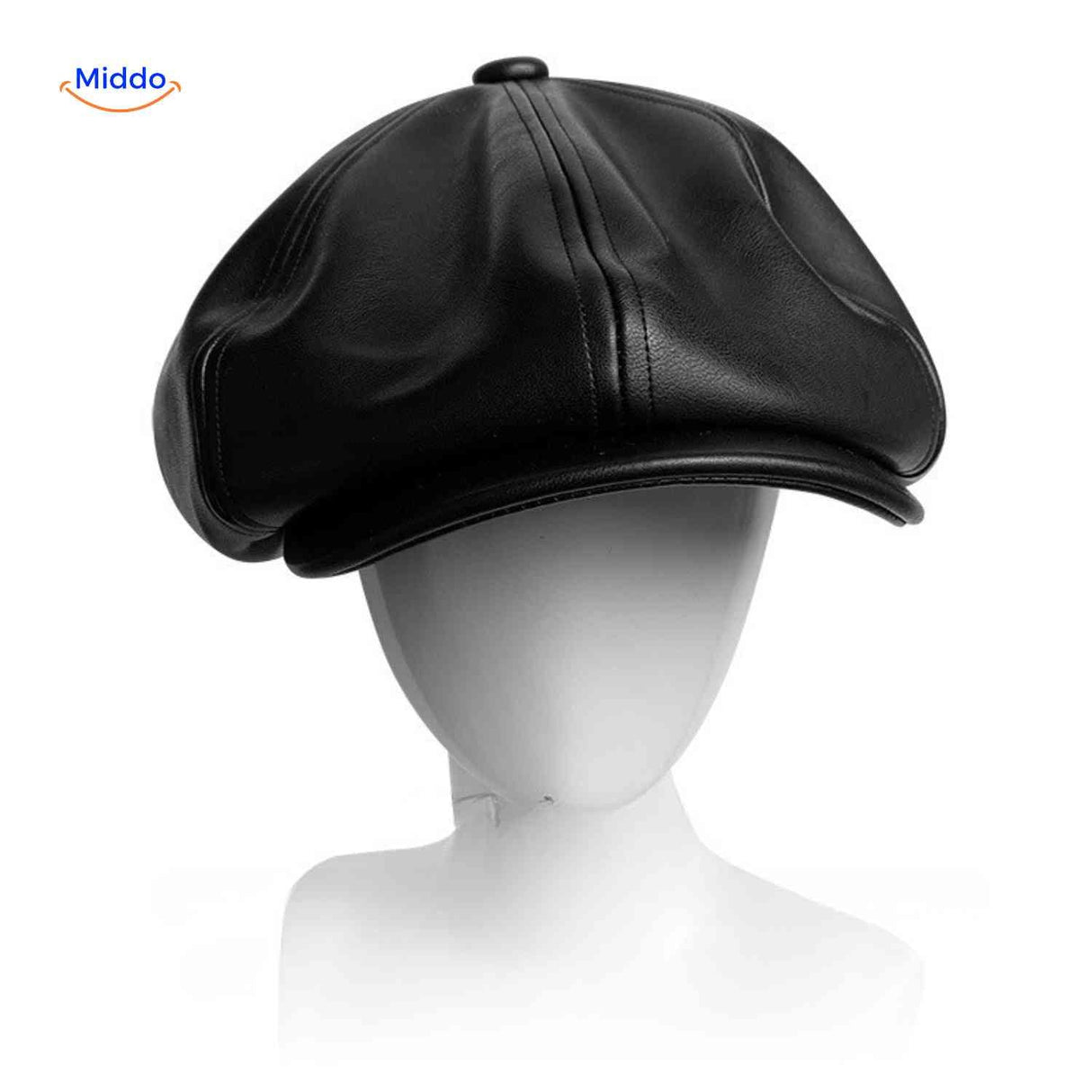 casquette plate en cuir noir lisse, style vintage années 20