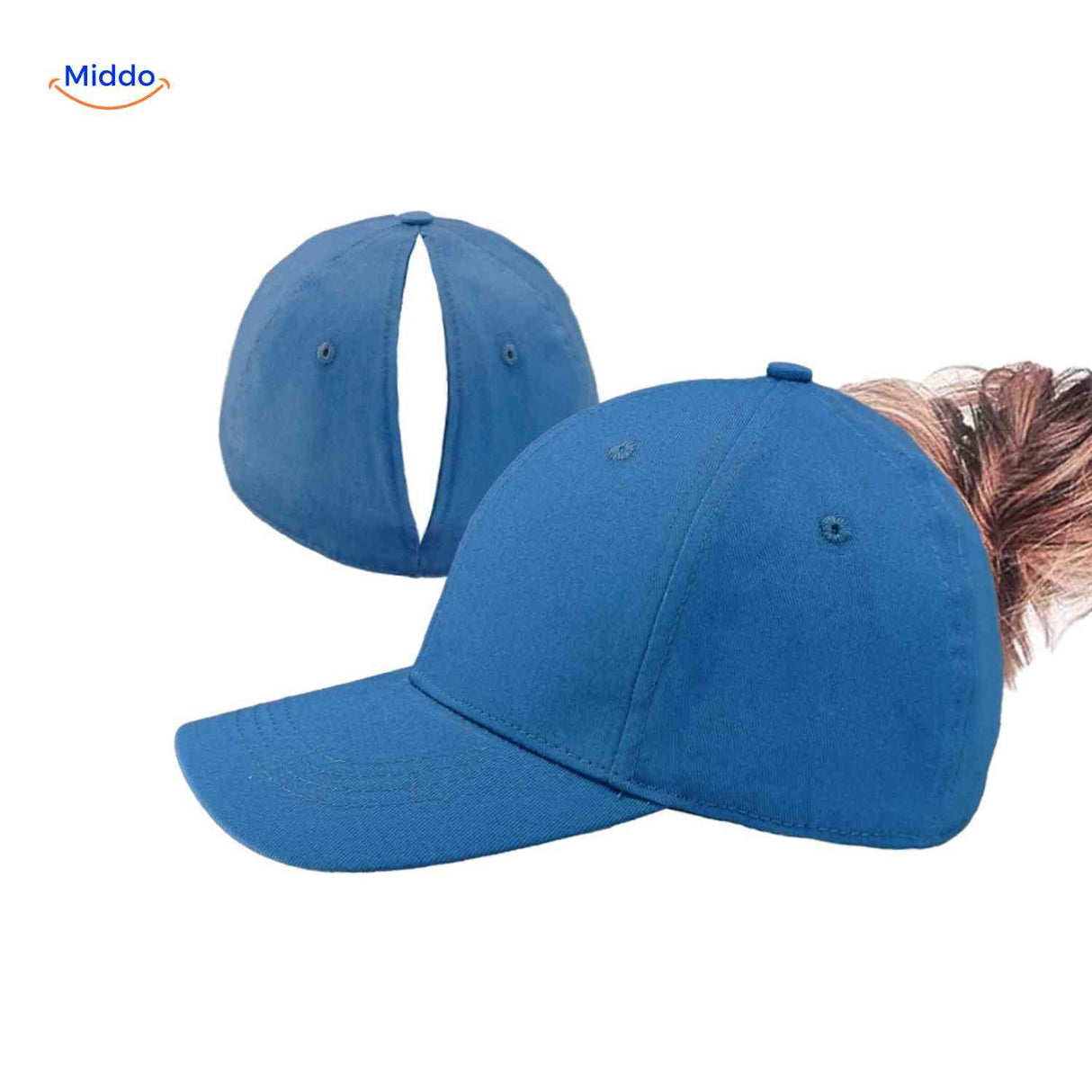 casquette ponytail bleue avec ouverture pour chignon haut, style sport et été pour femme