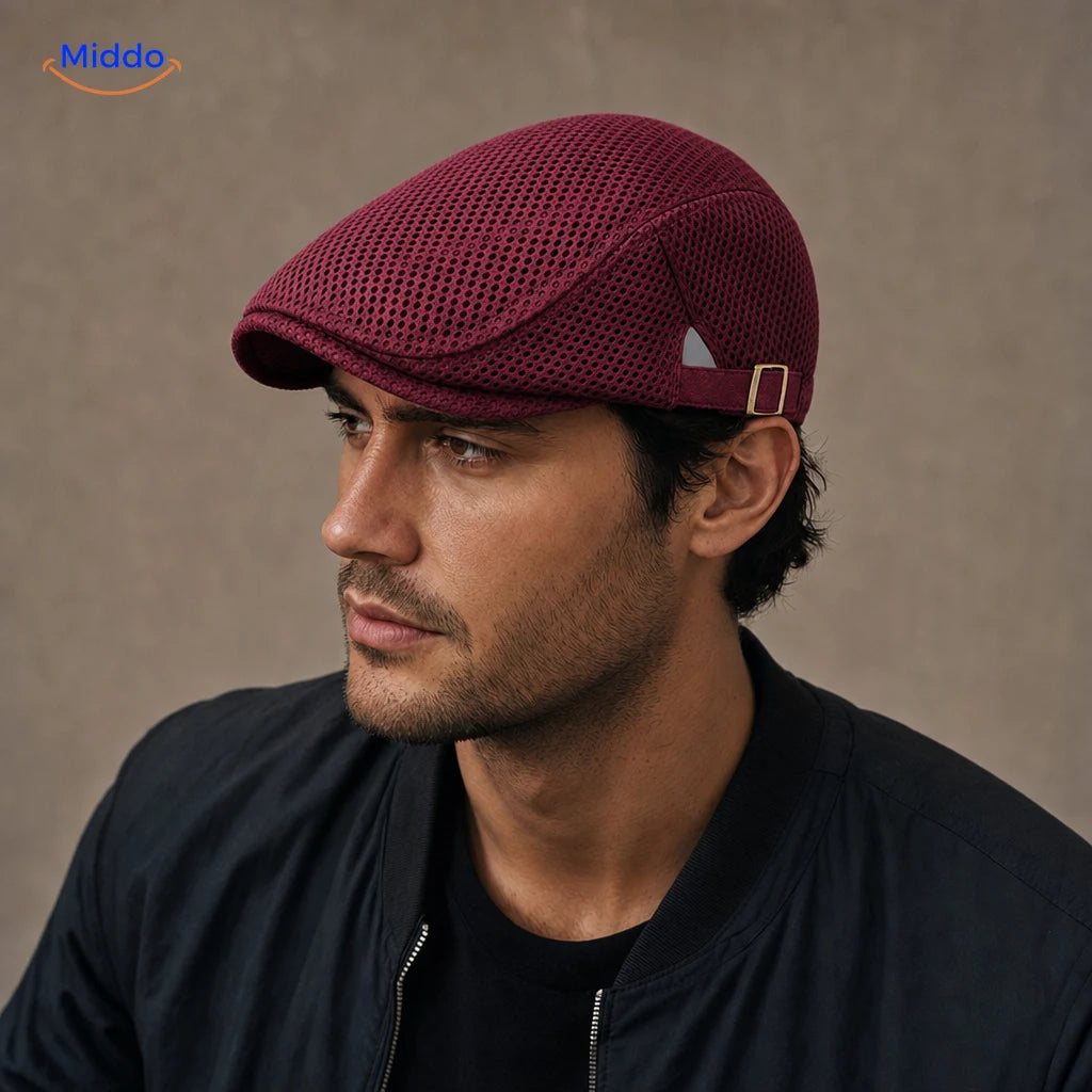 Casual Mesh Flat Cap Bordeaux portée par un homme