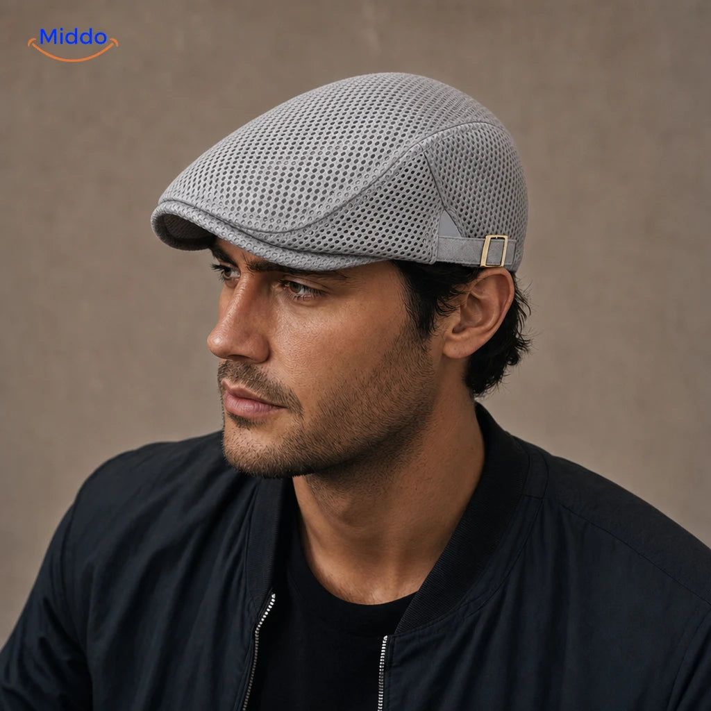 Casual Mesh Flat Cap Gris clair portée par un homme