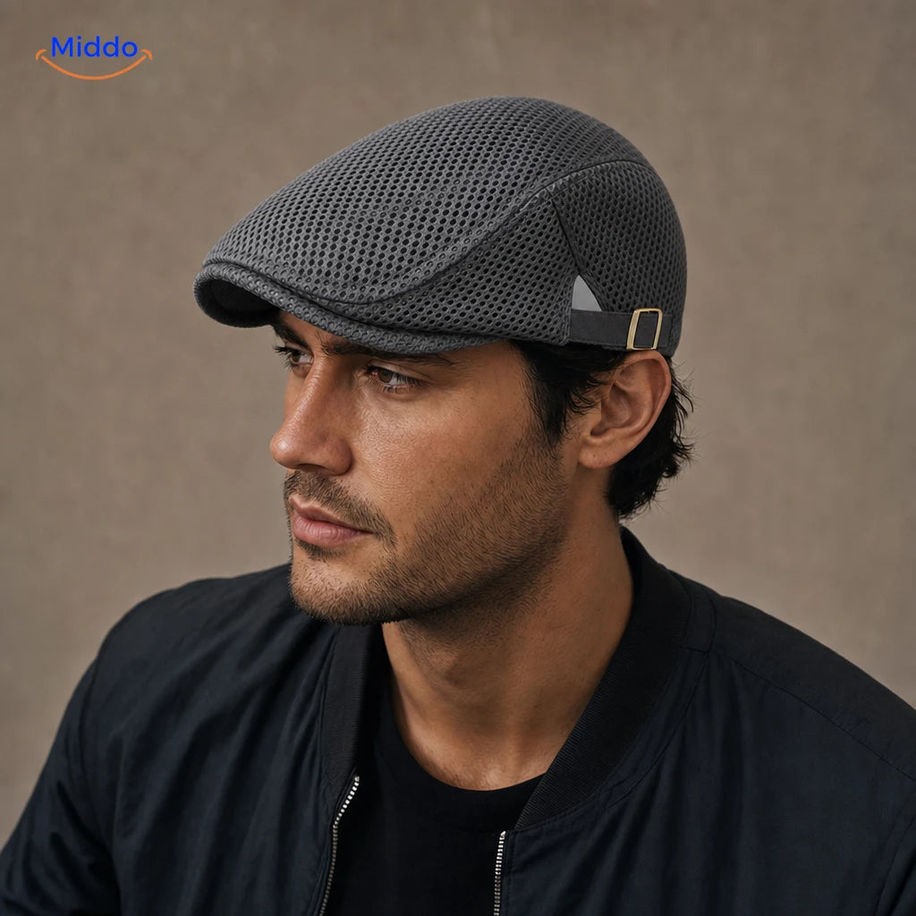 Casual Mesh Flat Cap Gris foncé portée par un homme
