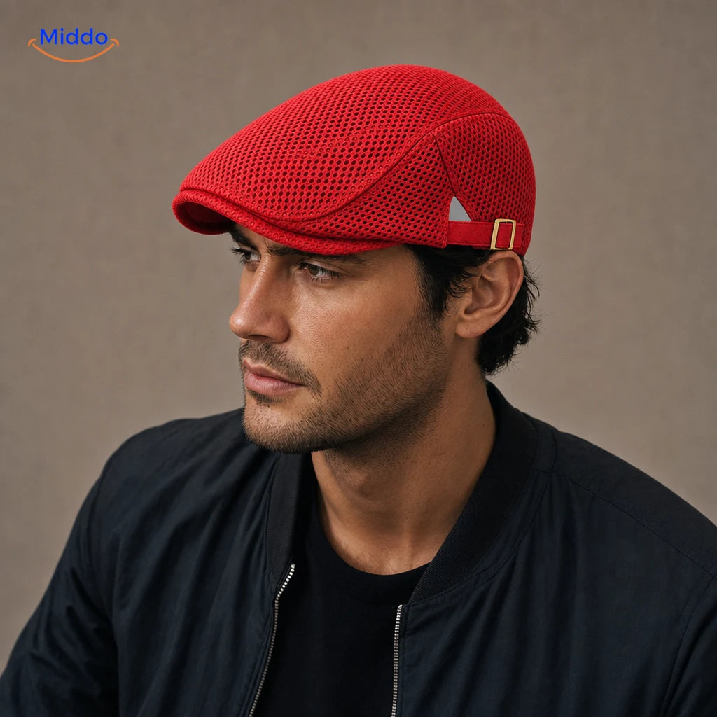 Casual Mesh Flat Cap Rouge vif portée par un homme