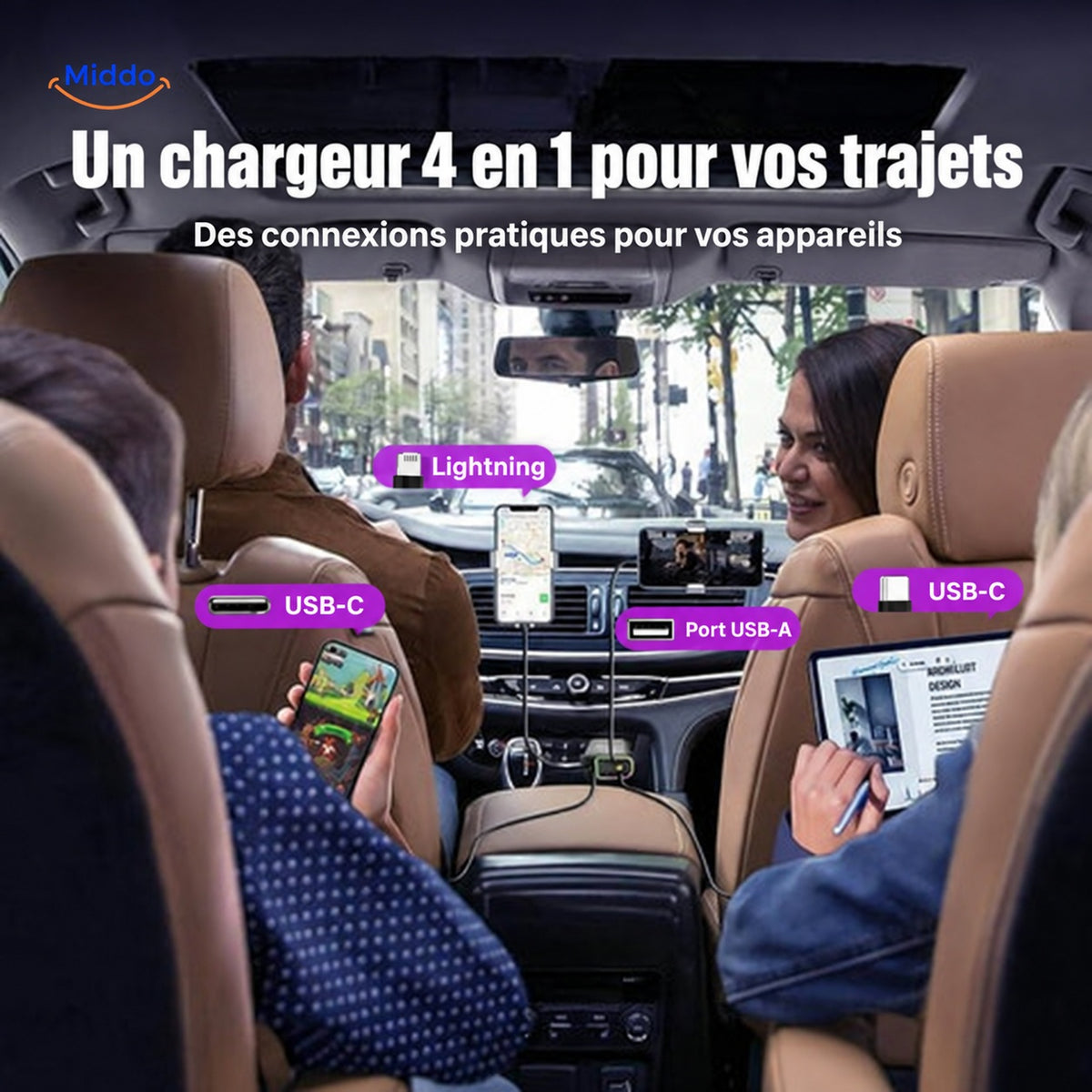 station de charge 4-en-1 120W avec éclairage RGB atmosphérique, vue d'ensemble