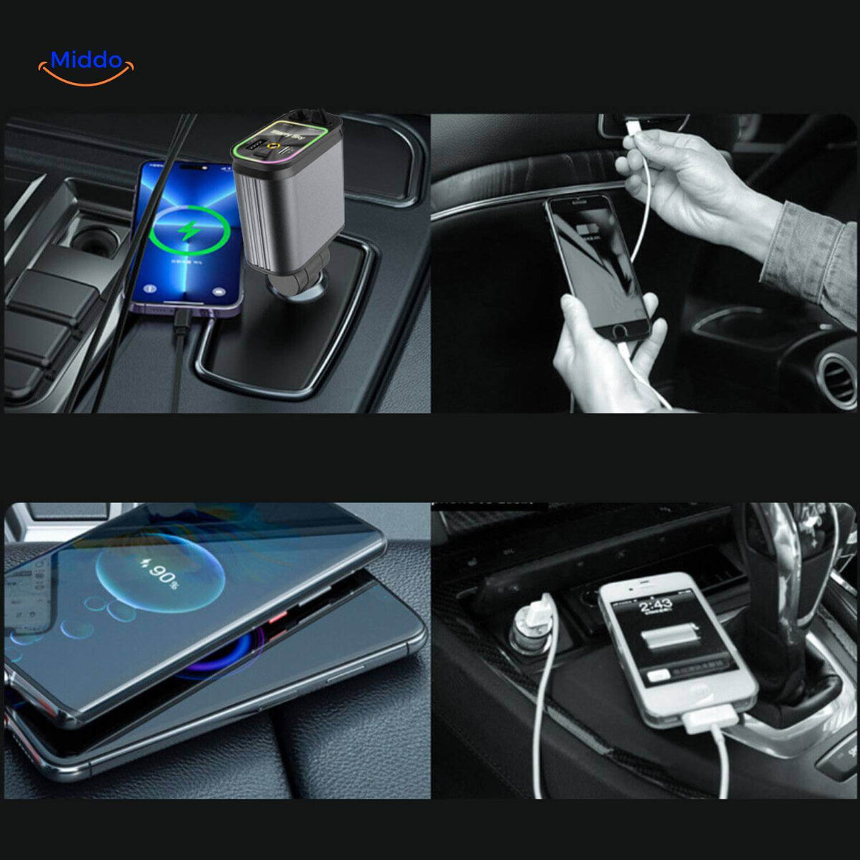 chargeur voiture 120W en cours de charge avec câble connecté à l'intérieur de la voiture
